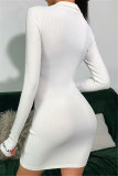 White Sexy Solid Turndown Collar Long Sleeve Mini Pencil Skirt Dresses