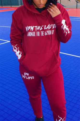 Wine Red Fashion Street Blends Letter Patchwork Print Patchwork Draw String Pocket Pullovers Pants Hooded Collar Long Sleeve Regular Sleeve Regular Two Pieces
