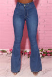Blue Fashion Casual Solid Plus Size High Waist Jeans