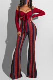 Red Fashion Sexy Long Sleeve Bateau Neck Off The Shoulder Short Print Two Pieces