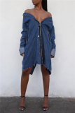 Blue Fashion Casual Turndown Collar Long Sleeve Regular Sleeve Solid Coats