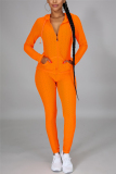 Orange Casual Sportswear Long Sleeve Hooded Collar Regular Sleeve Regular Solid Two Pieces