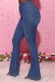Blue Fashion Casual Solid Plus Size High Waist Jeans