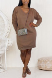 Coffee Fashion Casual Regular Sleeve Long Sleeve V Neck Knee Length Solid Dresses