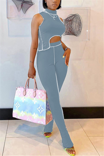 Gray Fashion Sexy Sleeveless Turtleneck Tank Short Solid Two Pieces