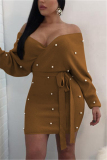 Brown Fashion Sexy Adult Flocking Solid Frenulum Bateau Neck Long Sleeve Knee Length Wrapped Skirt Dresses