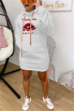 White Fashion Casual Adult Print Patchwork Draw String Hooded Collar Long Sleeve Knee Length Cake Skirt Dresses