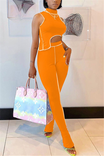Orange Fashion Sexy Sleeveless Turtleneck Tank Short Solid Two Pieces