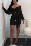 Black Fashion Sexy Adult Flocking Solid Frenulum Bateau Neck Long Sleeve Knee Length Wrapped Skirt Dresses