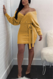 Yellow Fashion Sexy Adult Flocking Solid Frenulum Bateau Neck Long Sleeve Knee Length Wrapped Skirt Dresses