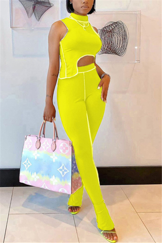 Yellow Fashion Sexy Sleeveless Turtleneck Tank Short Solid Two Pieces