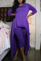 purple Fashion Casual Adult Twilled Satin Solid Pullovers O Neck Long Sleeve Regular Sleeve Longer In The Rear Two Pieces