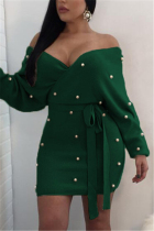 Green Fashion Sexy Adult Flocking Solid Frenulum Bateau Neck Long Sleeve Knee Length Wrapped Skirt Dresses