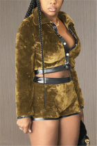 Yellow Fashion Casual Patchwork Solid Patchwork Buttons Turndown Collar Long Sleeve Two Pieces