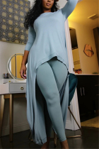 Blue Fashion Casual Adult Twilled Satin Solid Pullovers O Neck Long Sleeve Regular Sleeve Longer In The Rear Two Pieces