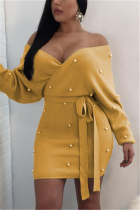 Yellow Fashion Sexy Adult Flocking Solid Frenulum Bateau Neck Long Sleeve Knee Length Wrapped Skirt Dresses
