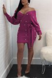 purple Fashion Sexy Adult Flocking Solid Frenulum Bateau Neck Long Sleeve Knee Length Wrapped Skirt Dresses