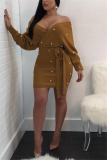 Brown Fashion Sexy Adult Flocking Solid Frenulum Bateau Neck Long Sleeve Knee Length Wrapped Skirt Dresses