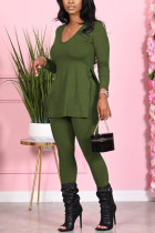 Green Fashion Casual Long Sleeve V Neck Regular Sleeve Regular Solid Two Pieces