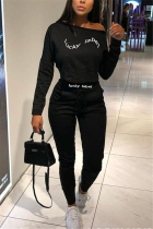 Black Fashion Casual Long Sleeve O Neck Regular Sleeve Short Letter Print Two Pieces