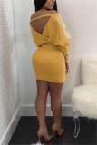 Yellow Fashion Sexy Adult Flocking Solid Frenulum Bateau Neck Long Sleeve Knee Length Wrapped Skirt Dresses