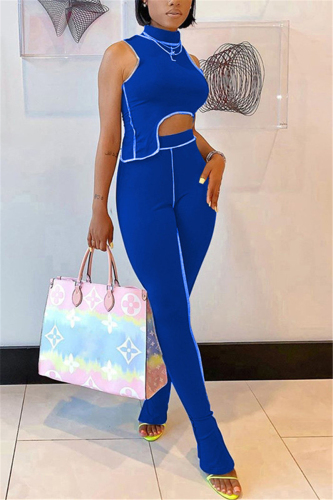 Blue Fashion Sexy Sleeveless Turtleneck Tank Short Solid Two Pieces