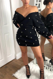 Black Fashion Sexy Adult Flocking Solid Frenulum Bateau Neck Long Sleeve Knee Length Wrapped Skirt Dresses