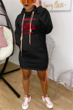 Black Fashion Casual Adult Print Patchwork Draw String Hooded Collar Long Sleeve Knee Length Cake Skirt Dresses