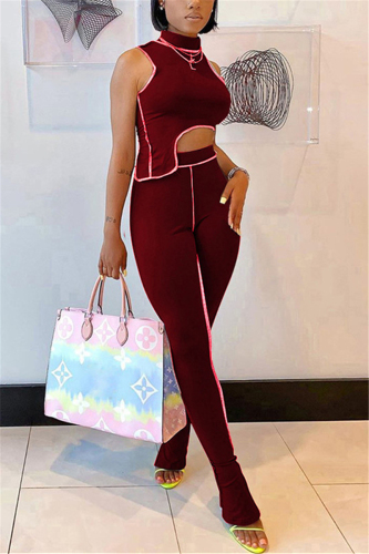 Wine Red Fashion Sexy Sleeveless Turtleneck Tank Short Solid Two Pieces