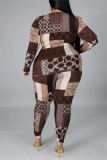 Brown Fashion British Style Adult Print Patchwork O Neck Plus Size