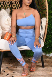 Light Blue Fashion Sexy Sleeveless Off The Shoulder Short Solid Two Pieces