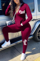 Wine Red Fashion Casual Long Sleeve Hooded Collar Regular Sleeve Regular Letter Print Two Pieces