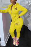 Yellow Casual Embroidered Hooded Collar Two Pieces