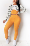 Yellow Fashion Casual Pit Article Fabrics Patchwork Animal Print Leopard Patchwork Pullovers Pants Basic O Neck Long Sleeve Regular Sleeve Short Two Pieces