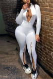 White Sexy Milk Fiber Solid Slit O Neck Skinny Jumpsuits