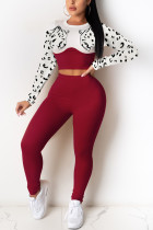 Red Fashion Casual Pit Article Fabrics Patchwork Animal Print Leopard Patchwork Pullovers Pants Basic O Neck Long Sleeve Regular Sleeve Short Two Pieces