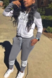 Gray Casual Sportswear Long Sleeve Hooded Collar Regular Sleeve Regular Letter Print Two Pieces