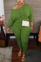 Green Fashion Sexy Adult Ma'am Solid Two Piece Suits Stitching O Neck Plus Size 