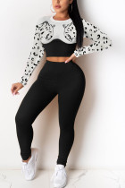 Black Fashion Casual Pit Article Fabrics Patchwork Animal Print Leopard Patchwork Pullovers Pants Basic O Neck Long Sleeve Regular Sleeve Short Two Pieces
