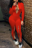 Red Sexy Milk Fiber Solid Slit O Neck Skinny Jumpsuits