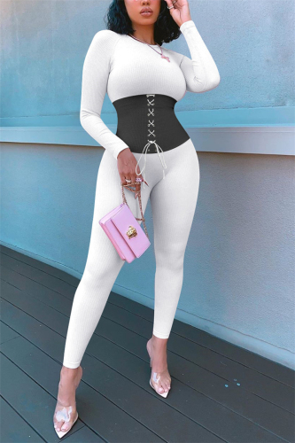 White Street Patchwork Bandage Patchwork O Neck Skinny Jumpsuits
