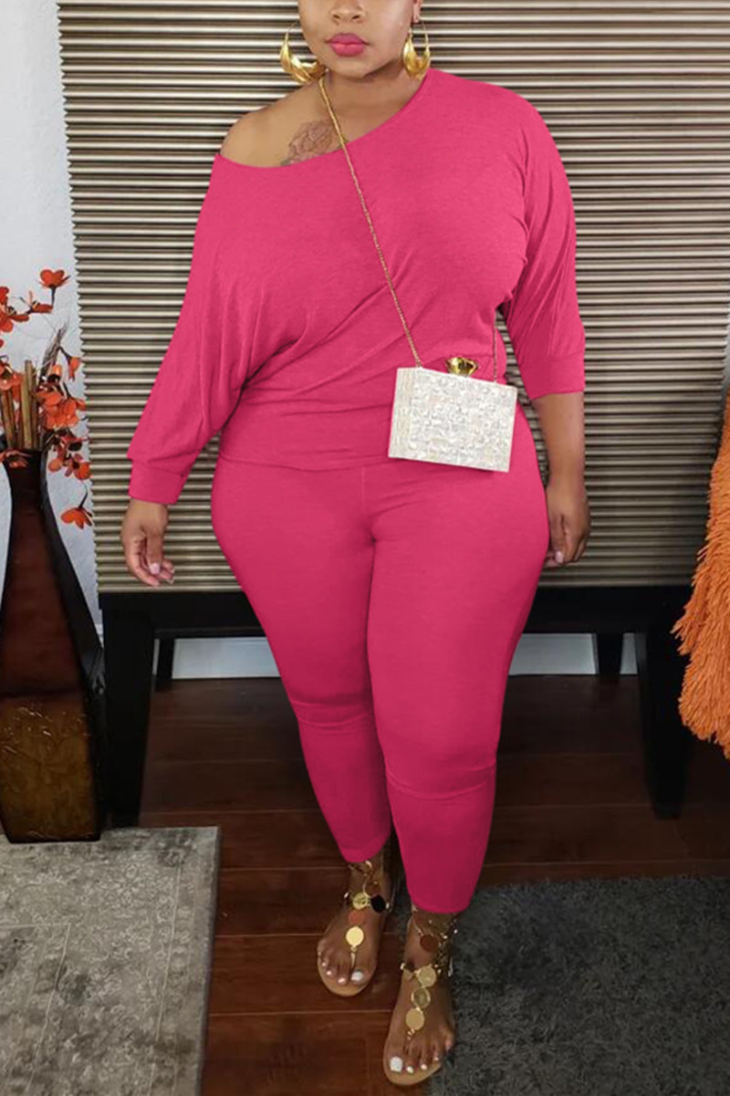 

Rose Red Fashion Casual O Neck Long Sleeve Regular Sleeve Solid Plus Size Set