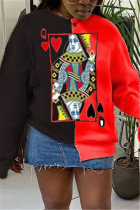 Black and red Casual Patchwork Print Poker Patchwork Slit Pullovers O Neck Tops