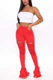 Red Fashion Sexy Mid Waist Broken Hole Flared Jeans