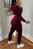 Wine Red Fashion Casual Adult Flocking Solid Patchwork Hooded Collar Long Sleeve Regular Sleeve Short Two Pieces