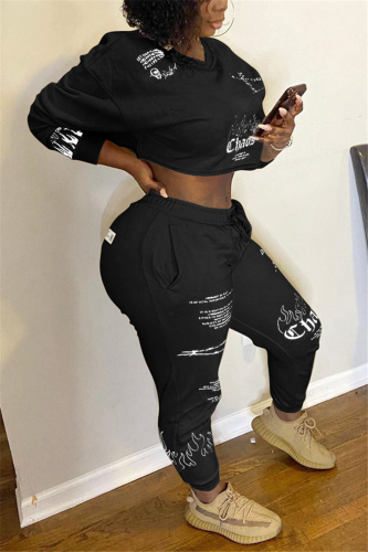 Black Fashion Casual Long Sleeve O Neck Regular Sleeve Short Print Two Pieces