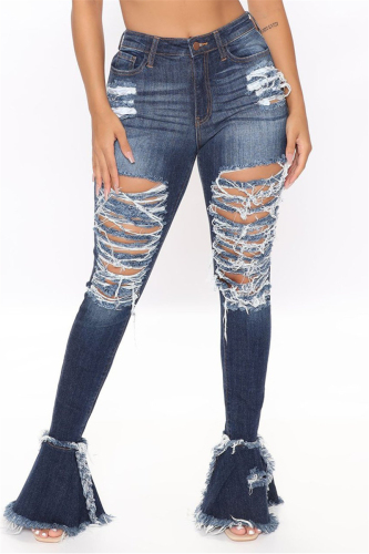 Light Blue Fashion Sexy Mid Waist Broken Hole Flared Jeans