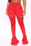Red Fashion Sexy Mid Waist Broken Hole Flared Jeans