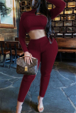 Wine Red Sexy Solid O Neck Long Sleeve Regular Sleeve Short Two Pieces