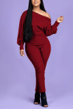 Wine Red Fashion Casual Oblique Collar Long Sleeve Regular Sleeve Solid Plus Size Jumpsuit